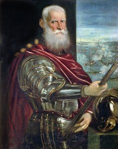 Portræt af Sebastiano Vernier (d.1578) øverstkommanderende for de venetianske styrker i krigen mod Det Osmanniske Rige med slaget ved Lepanto i baggrunden, ca. 1571